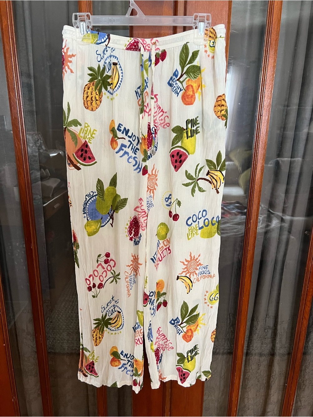 Vacation Resort Tropical Fruit Print Wide Leg Pants - Cream Base